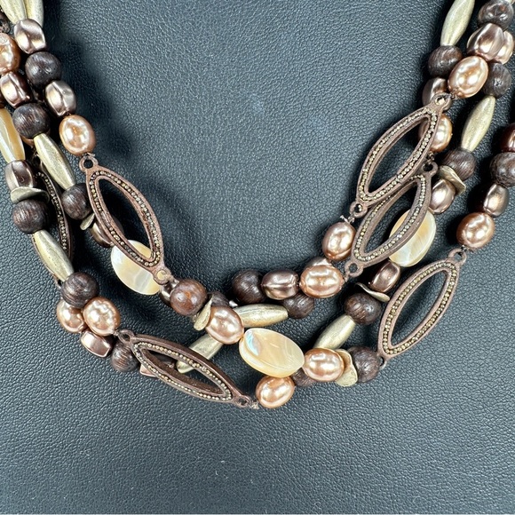 Coldwater Creek Layered Beaded Necklace Brown and Mother of Pearl Adjustable - Picture 6 of 11